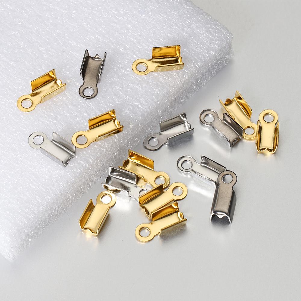50pcs Stainless Steel Crimp End Caps Cove Clasps String Ribbon Leather Fold Clip Fastener Beads Connector for Jewelry Making DIY