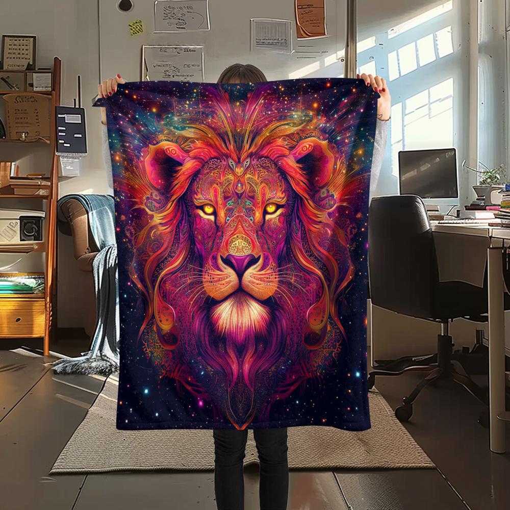 Starry Sky Lion Print Flannel Blanket, High quality Comfortable for All Seasons, Home Decor, Warmth and Comfort