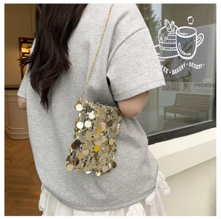 Korean Fashion Sequined Shoulder Bag Girls Phone Purse Crossbody Bag Wedding Handbags Mini Chain Glitter Evening Crossbody Bag