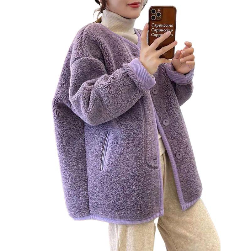 Women's Taro Purple Shearling Lambswool Coat - Korean Style, Loose Fit, Thickened Winter Top