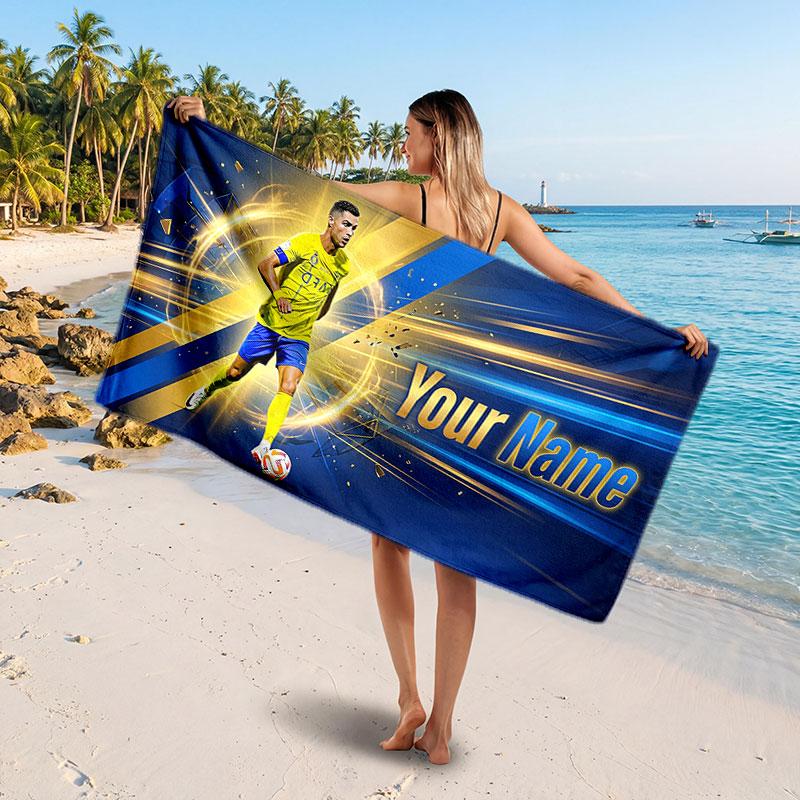 Cristiano Ronaldo Custom Beach Towel, Personalized Name Text Print, Football Logo Soft Quick‑Dry Towel Holiday Gift