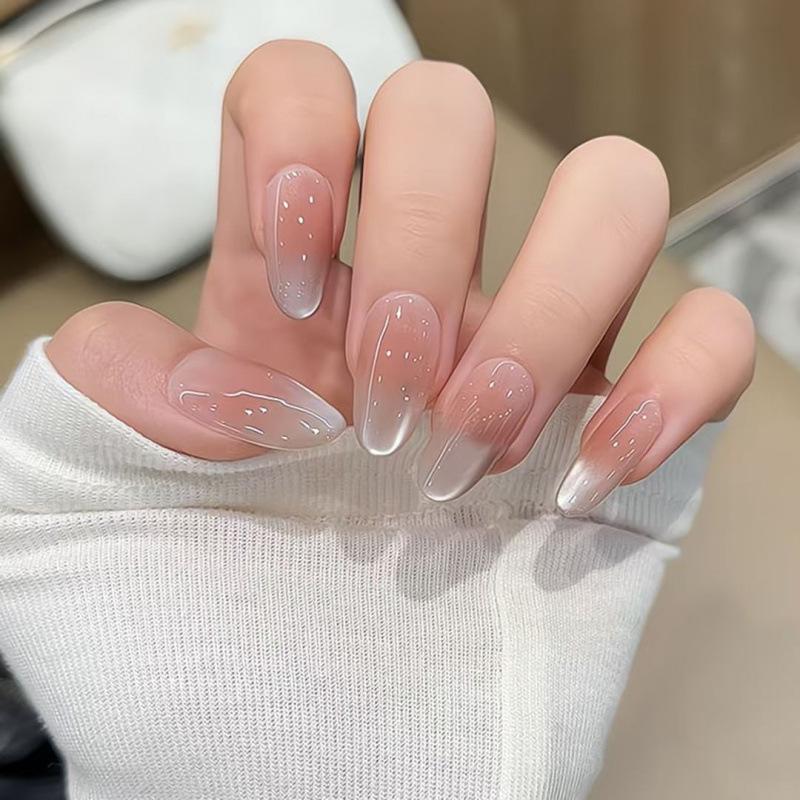 

Handmade Pink Ice Cat Eye Gradient Nails with Transparent Glass Beads