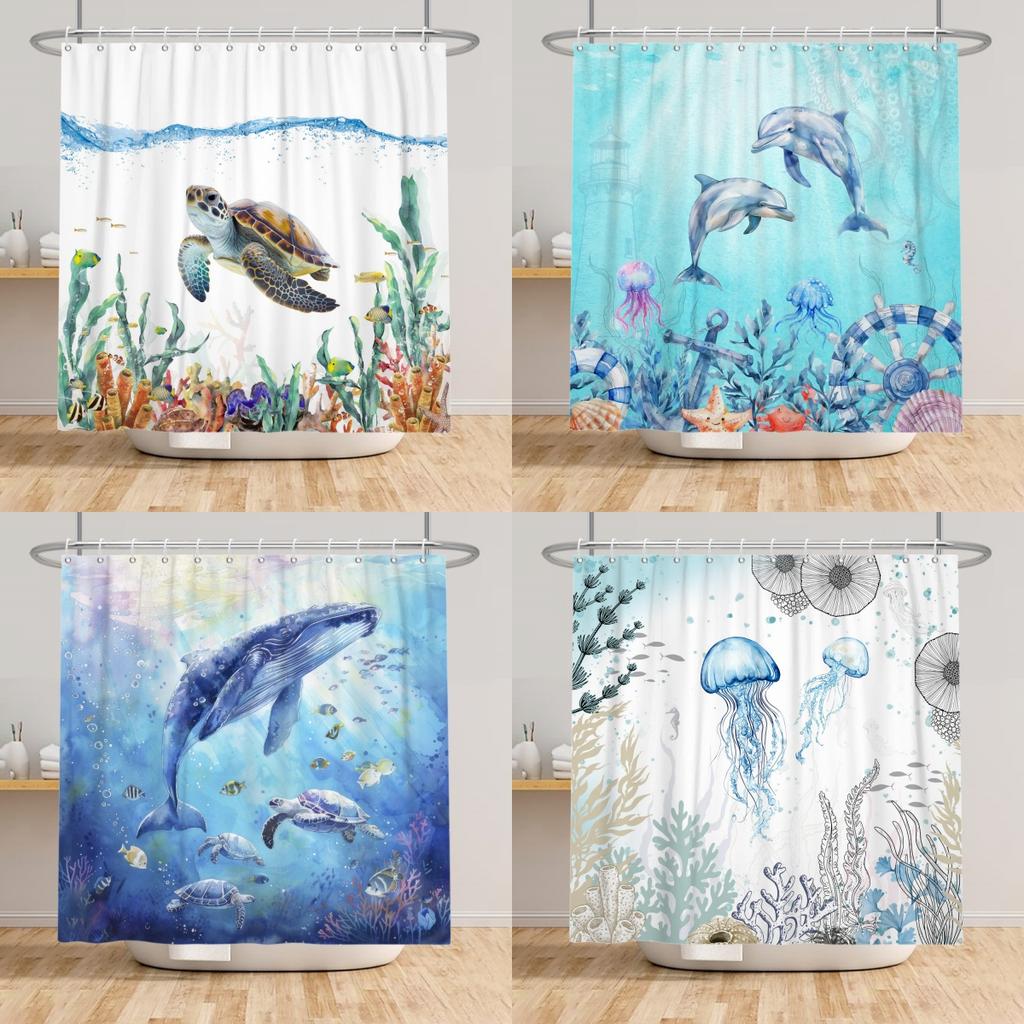 Ocean Theme Shower Curtain Underwater Marine Animal Patterns Sea Turtle Dolphin Whale Jellyfish Print Waterproof Bathroom Decor