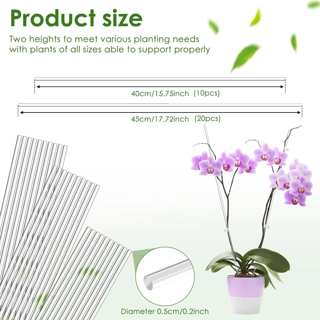 30 Pezzi Stecche Trasparenti per Orchidee Stecche da Piantagione in Acrilico con 30 Clip 45cm e 40cm Stecca di Supporto per Piantagione per Fiori in Vaso Verdure