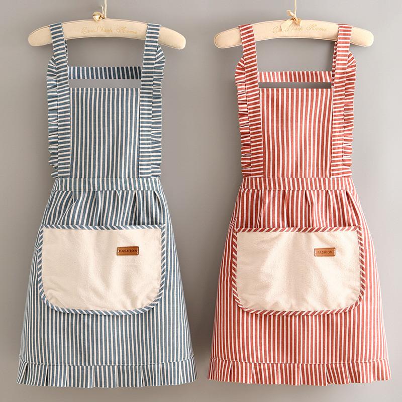 Striped Linen Cotton Apron Breathable Home Kitchen Restaurant Bib Anti Stain