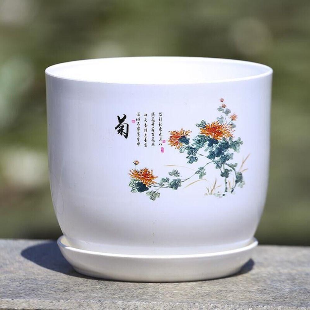White Plastic Flower Pot With Tray Imitation Porcelain PP Resin Flower Pot  Potted Plant