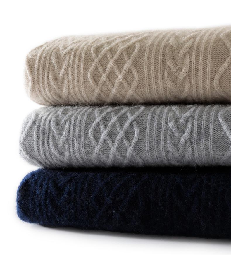Men's Loose Round Neck Cable Knit Cashmere Sweater - Business Casual Jacquard Knitwear