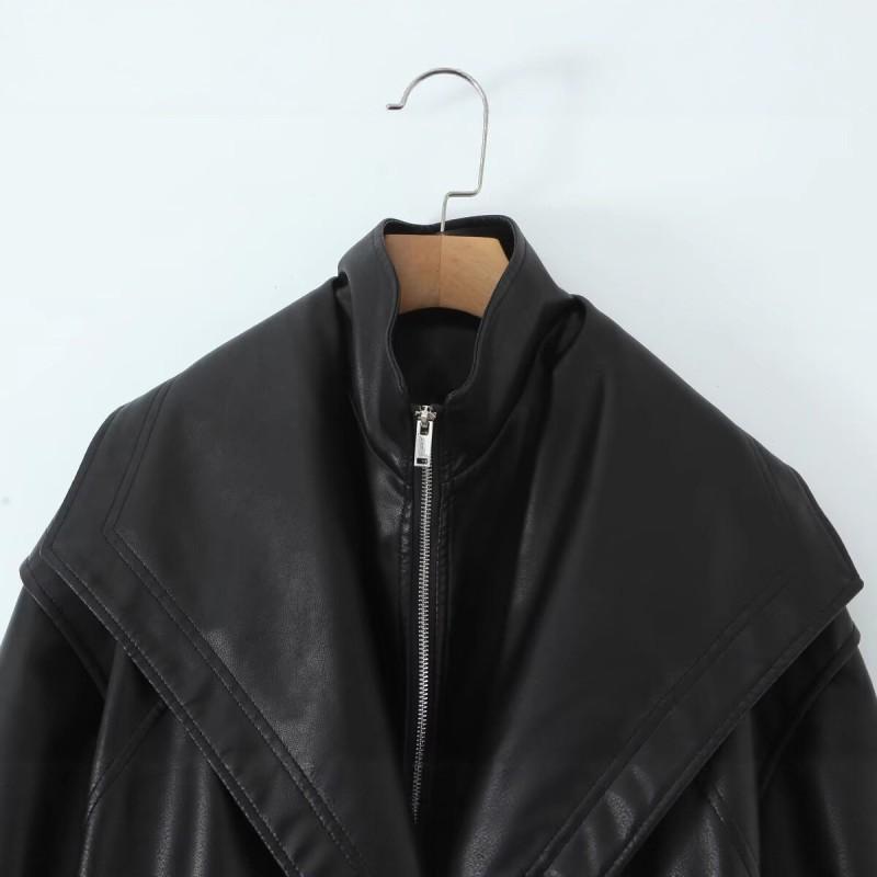 Chaqueta de Mujer para Otoño de Cuero Sintético Moderna Solapa Versátil Manga de Linterna Estilo Callejero Ropa de Abrigo