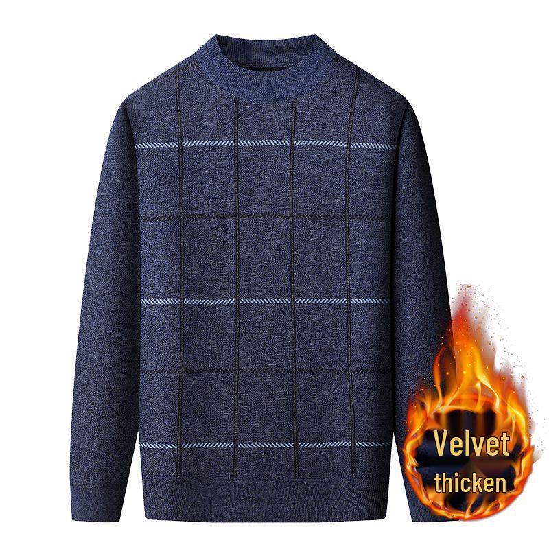 Warmer Herren-Pullover mit Karomuster und Plus-Samt für mittleres und älteres Alter (50er-60er Jahre) - Herbst/Winter Rundhals Basisschicht