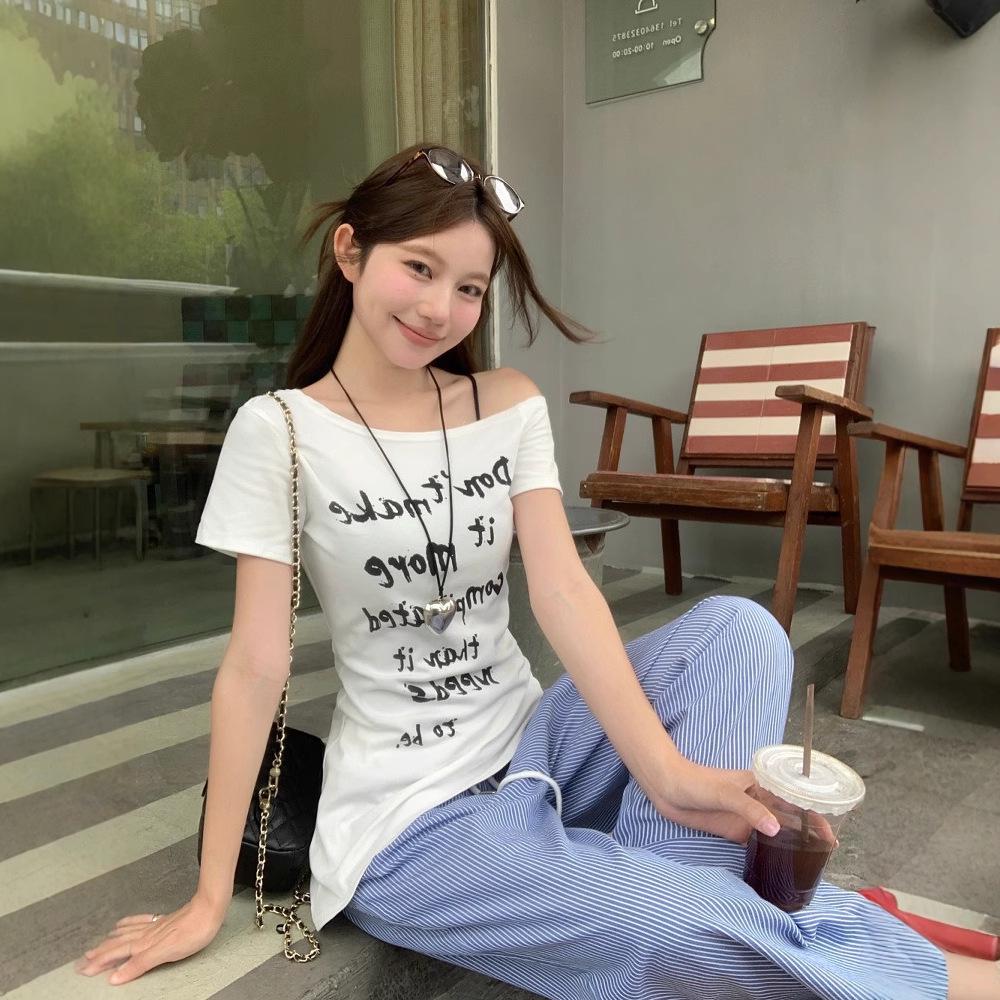 American Spicy Girl Off-Shoulder Short-Sleeve Letter Print T-Shirt - Women's Summer Bodycon Waist-Hugging Unique Design Top