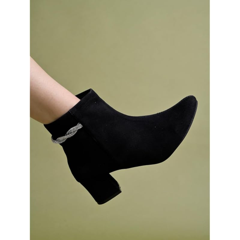 Shoetopia Women'S Black Suede Ankle Boots With Block Heel And Rhinestone Knot Detail||Side Zip Fashion Booties For Fall
