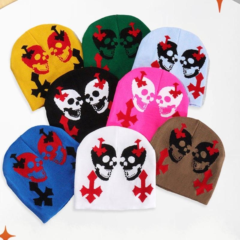 Knit Double Skull Beanie Hat for Students Adult Windproof Foldable Winter Hat Handmade Halloween Keep Warm Cycling Hat