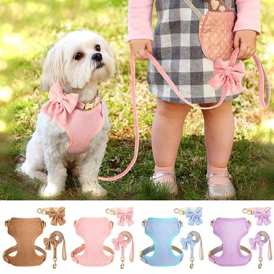 Cute Bowknot Dog Collar Harness Leash Set Dog Collar Leash WIth Bowtie Soft Harness Vest For Small Medium Dogs Outdoor Walking