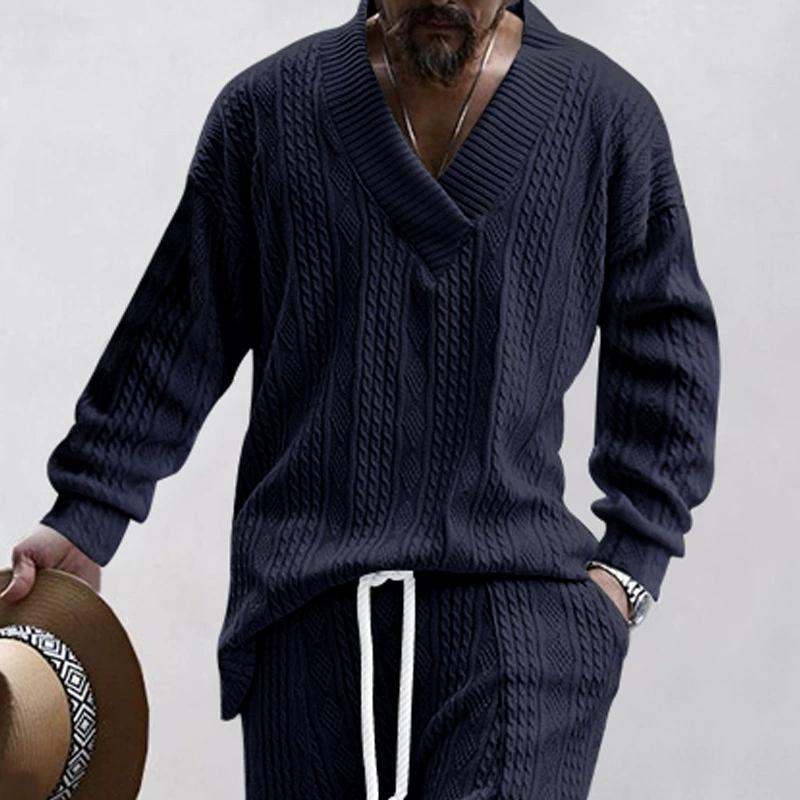 Autumn/Winter Men's Jacquard Loose Knitted Solid Color Casual V-neck Long Sleeve Knitted Shirt
