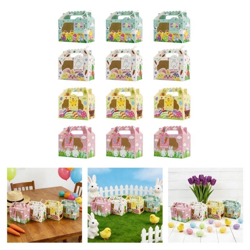 12Pcs Easter Themed Gift Packaging Boxes with Handles and Clear Window Candy Chocolate Holder Case for Holiday Supplies