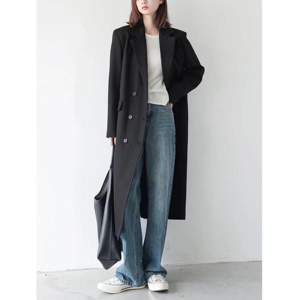 High-End Grå Extra Lång Dam Trenchcoat i Kostymstil - Höst/Vinter 2025 Ny Populär Brittisk Retro Överrock