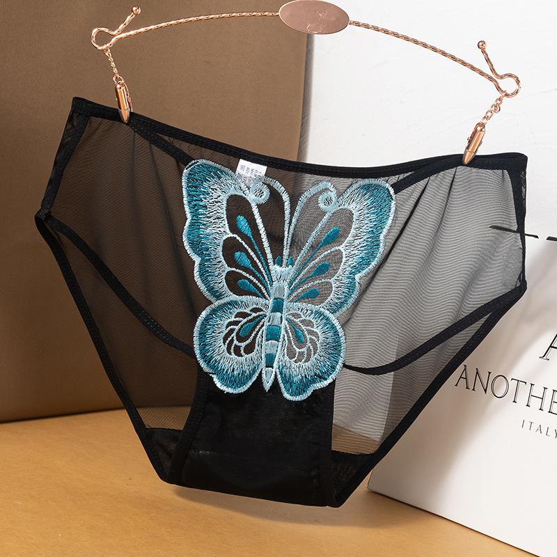 Plus-size Ladies Summer Lace Butterfly Embroidery Hollow Mesh Cotton Crotch Waist Panties