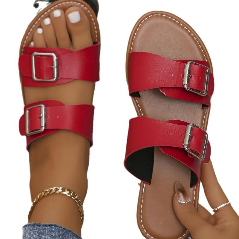 New large-size buckle flat-bottomed one-word slippers women's open-toed retro wind beach slippers