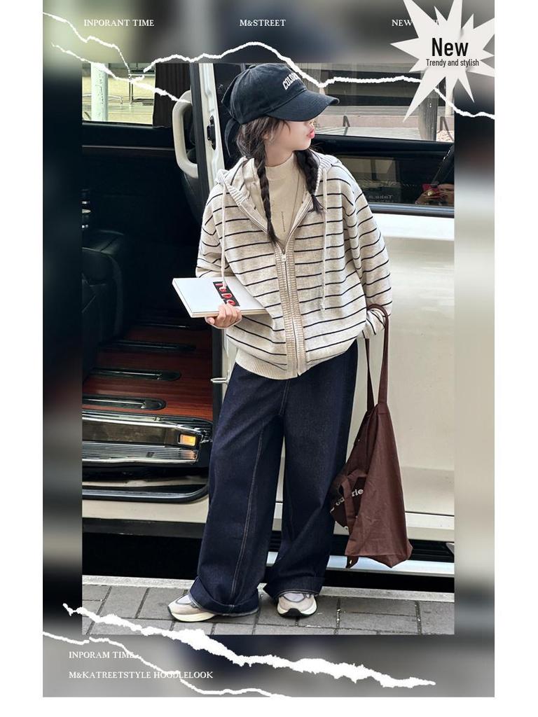 Herbst 2025 Mädchen Gestreifter Strick-Kapuzen-Cardigan-Pullover