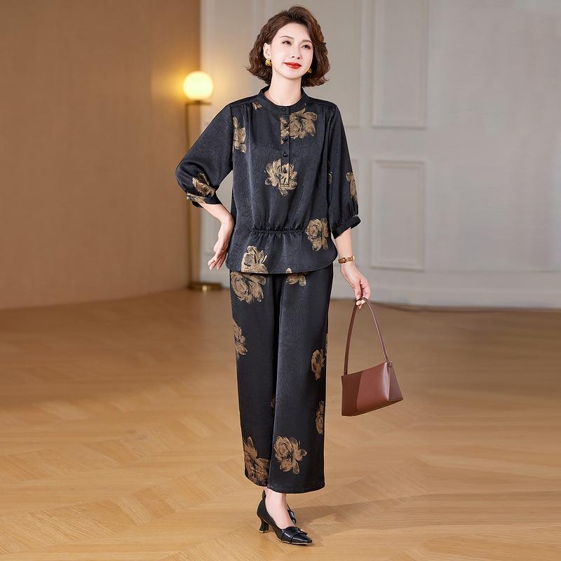 

Plus-Size Stylish Summer Set: Printed Top & Loose Wide-Leg Pants for Women XL (for 90-105 jin) чёрный
