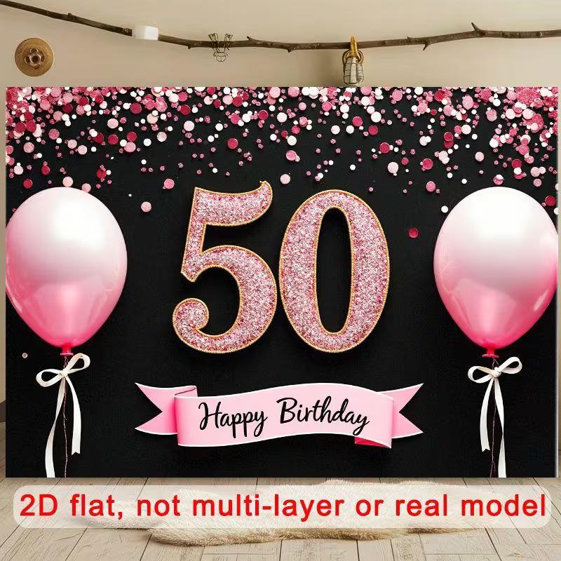 

2D 50th Birthday Decor Backdrop, Pink Balloons & Glitter Confetti Banner 47.2x31.5inch/120*80cm