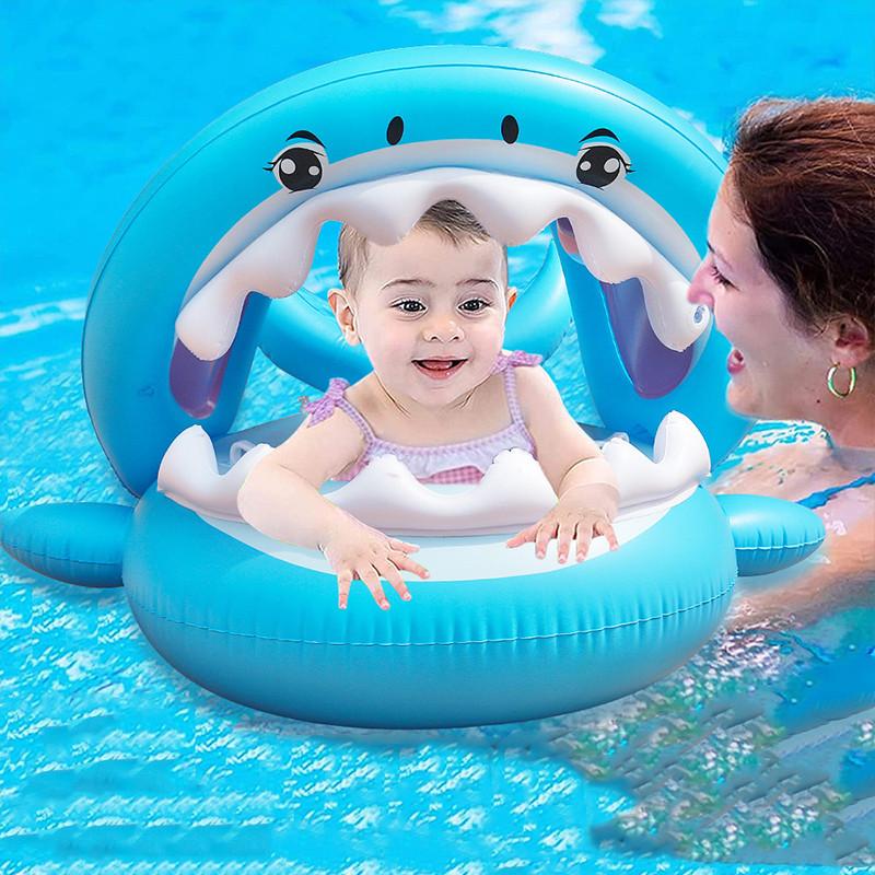 Inflatable Shark Seat Ring Kids Sunshade Shark Yacht Baby Toddler Swimming Handle Seat Ring