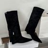 Fashion Pointed Toe Ladies Knee High Modern Boots With Wedges Shoes Fashion Flock Women Long Boots Female Low Heel Shoes Pumps lady