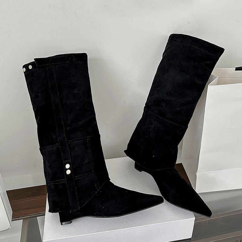 Fashion Pointed Toe Ladies Knee High Modern Boots With Wedges Shoes Fashion Flock Women Long Boots Female Low Heel Shoes Pumps lady