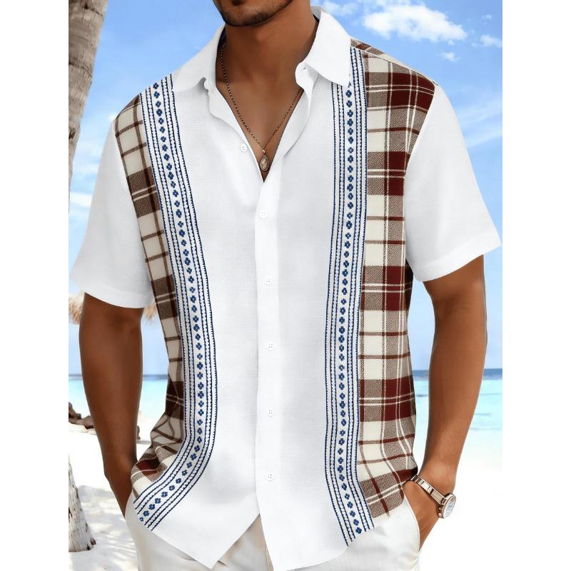 Men s Plaid Splice Short Sleeve Shirt, Spring Summer Fresh Vacation Casual Top, Pocket Lapel Style XXL