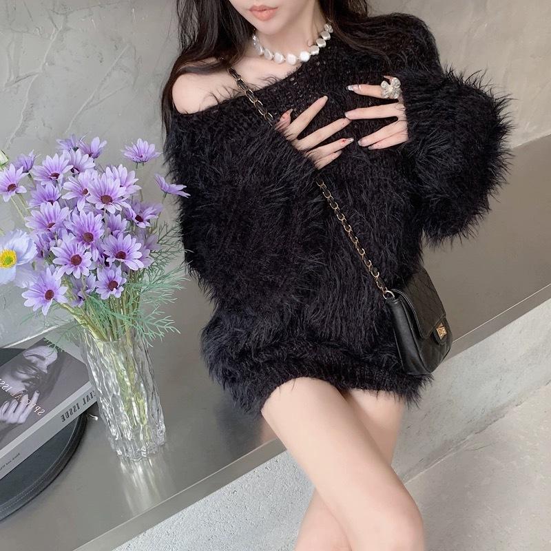 Dámský pletený svetr se svetrem s lodním límcem a volným svetrem z umělého norkového sametu