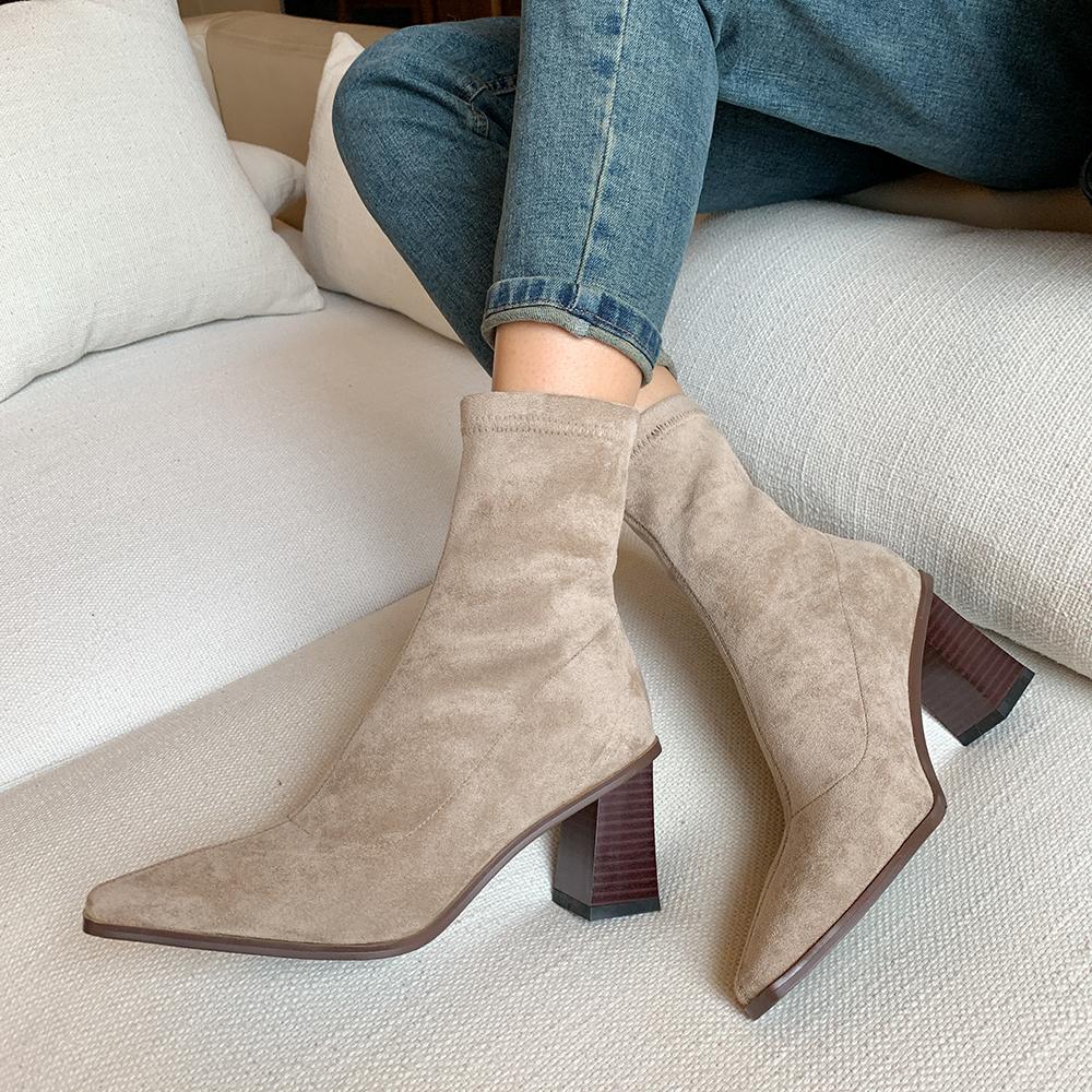 Autumn Winter Fashion Women Boots Square Toe Yarn Elastic Ankle Boots Kid Suede Thick Heel Shoes Female Socks Boots Bota Feminin