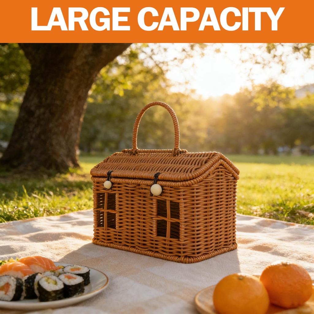 This Plastic Rattan House-shaped Basket, With A Lid And Folding Handle, Is Perfect For Picnics, Easter, Tidying Up, And Other Occasions.