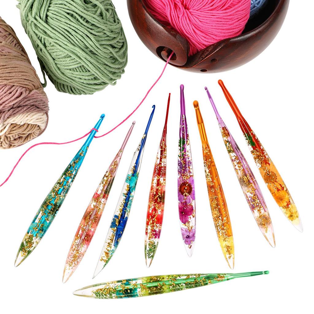 Set of 9 Colored Anodized Aluminum Crochet Hooks with Creative Resin Handles and Exquisite Flower Design