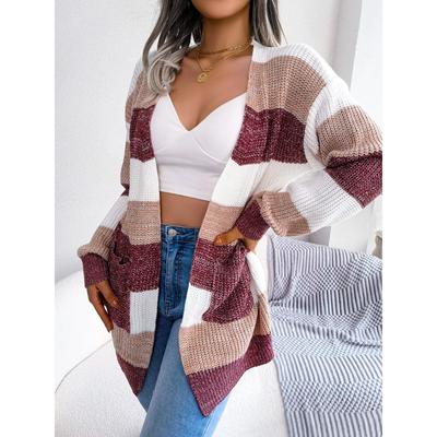 Autumn and Winter Contrast Striped Lantern Sleeve Casual Cardigan Sweater Jacket