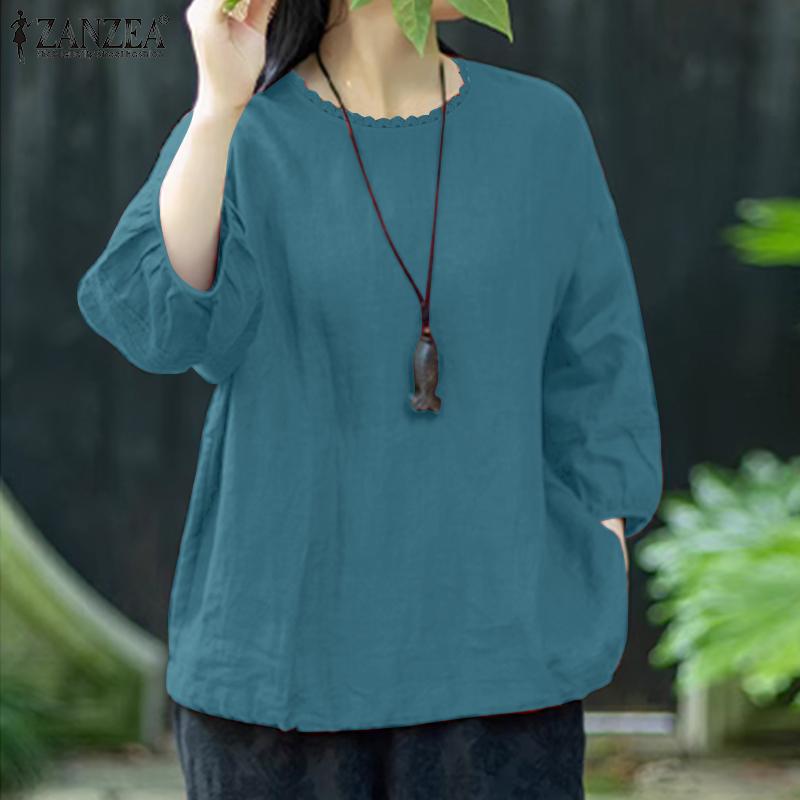 ZANZEA Women Casual Round Neck Loose Retro 3/4 Sleeve Blouse