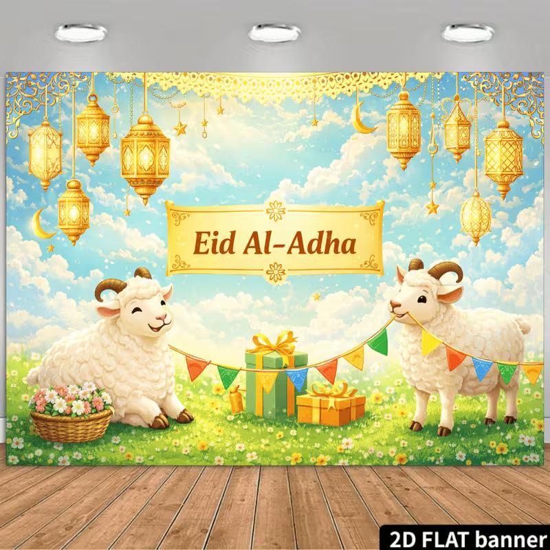 

2D Eid Al-Adha Background Banner, Blue Sky & Green Grass Backdrop for Muslim Event 47.2x31.5inch/120*80cm