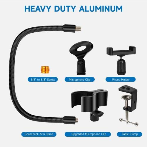 Microphone Stand, Microphone Arm, Gooseneck, Tabletop Microphone Stand for Fixed and Dynamic Microphones, with Extendable Smartphone Holder, Adjustabl