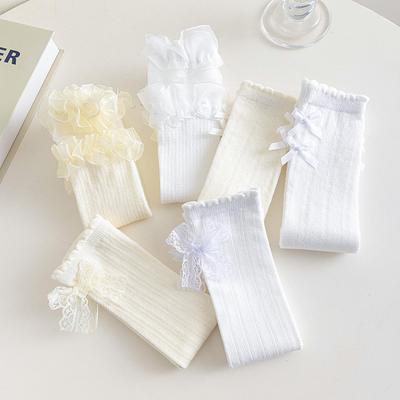 1 Pair Sweet Summer Thin Calf Sock for Kids Girl White Beige Color Bow Ruffle Children's Sock Cute Mesh Hollow Breathable Sock