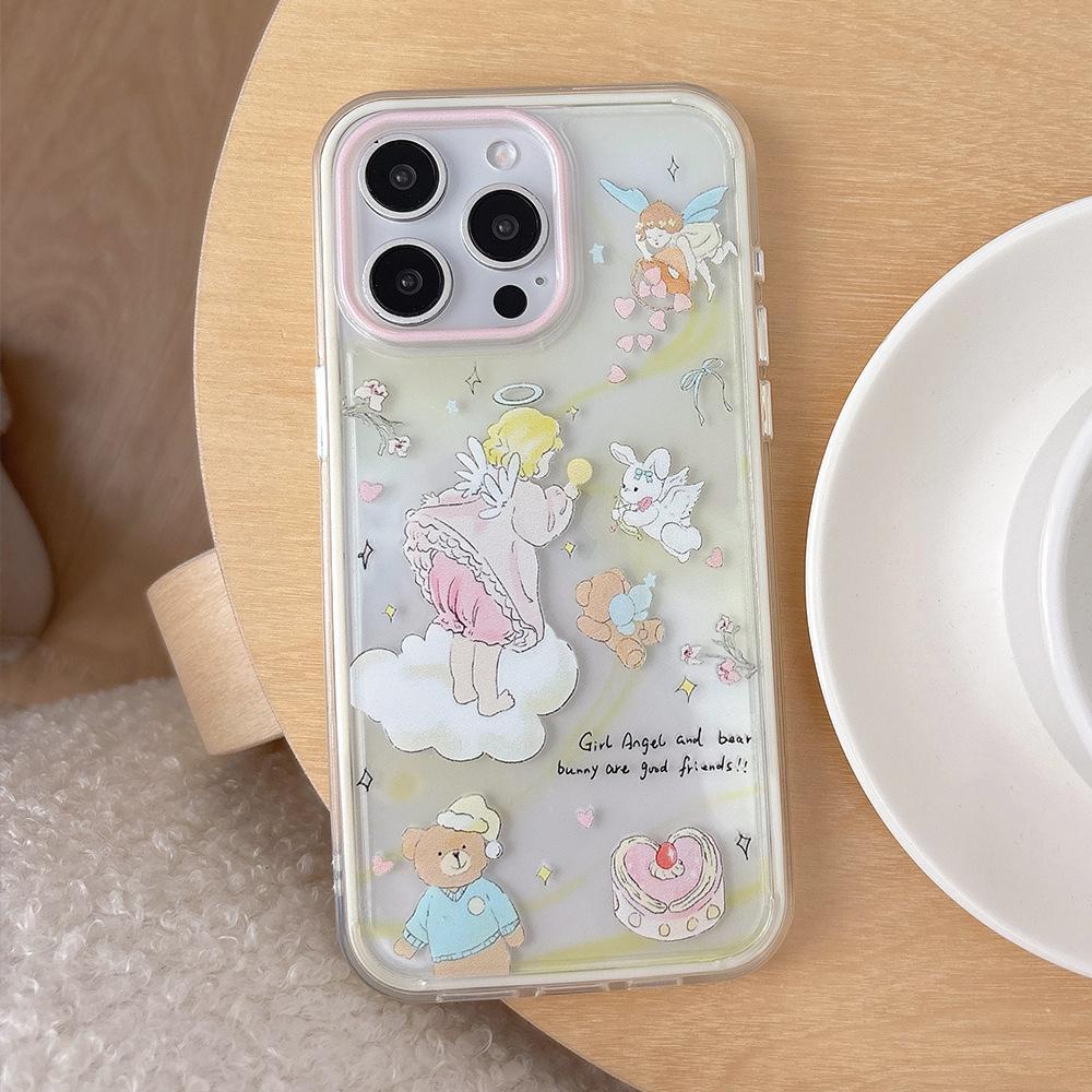 Angel Bear Illustration Suitable for iPhone17 anti-drop mobile phone case Colorful 2-in-1 Apple 16/15 protective case