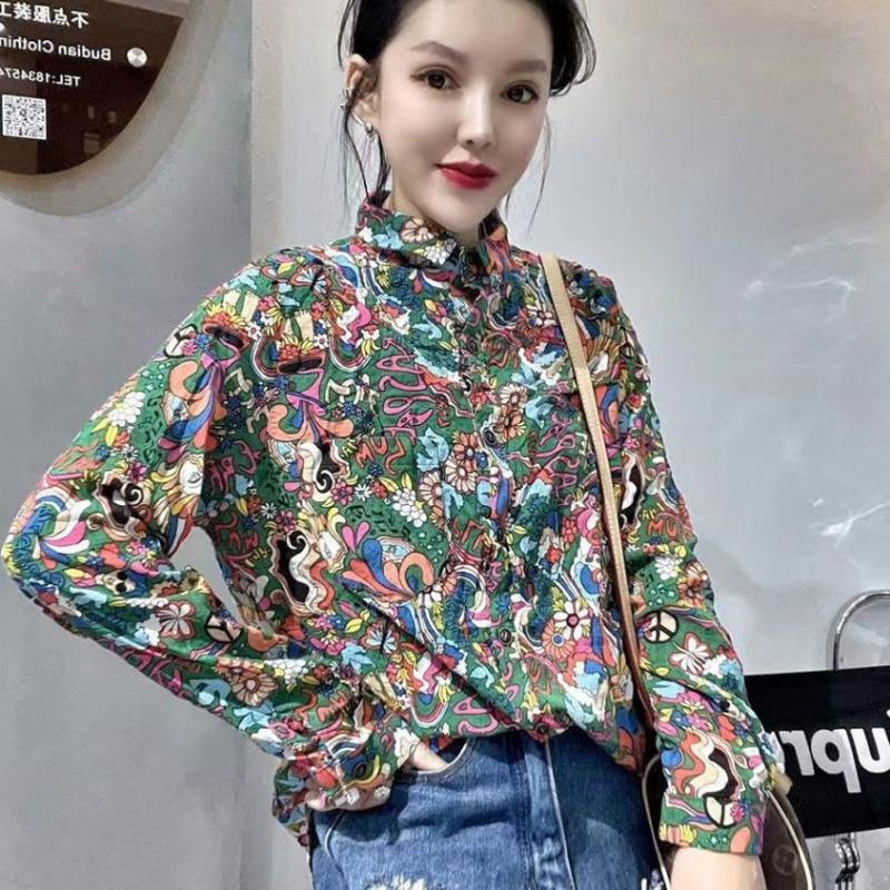 Women's Vintage Floral Printed Harajuku Shirt Fashion Lapel Long Sleeve Loose Blouse Spring Autumn Casual Chic Tops Blusas Mujer