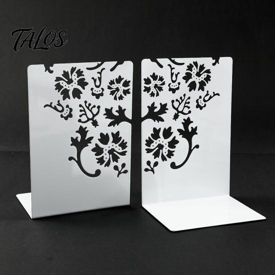 Compact Bookend 2PCS Metal Bookends, L-Shaped Reinforced Support Book Holder, with Non-Slip Large Capacity Holder Pads, Hollow Floral Design