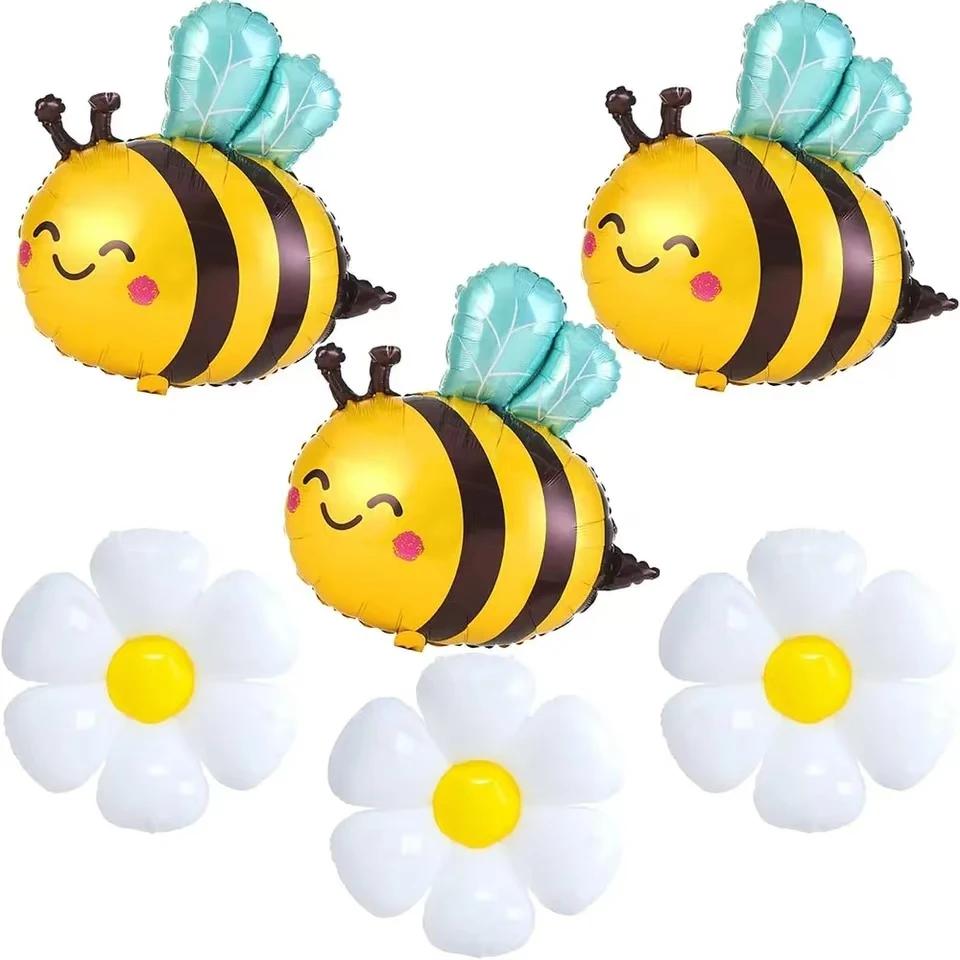 Large Bee White daisy flower foil balloon for children's birthday graduation Mother's Day party decoration Plumeria Helium Ball