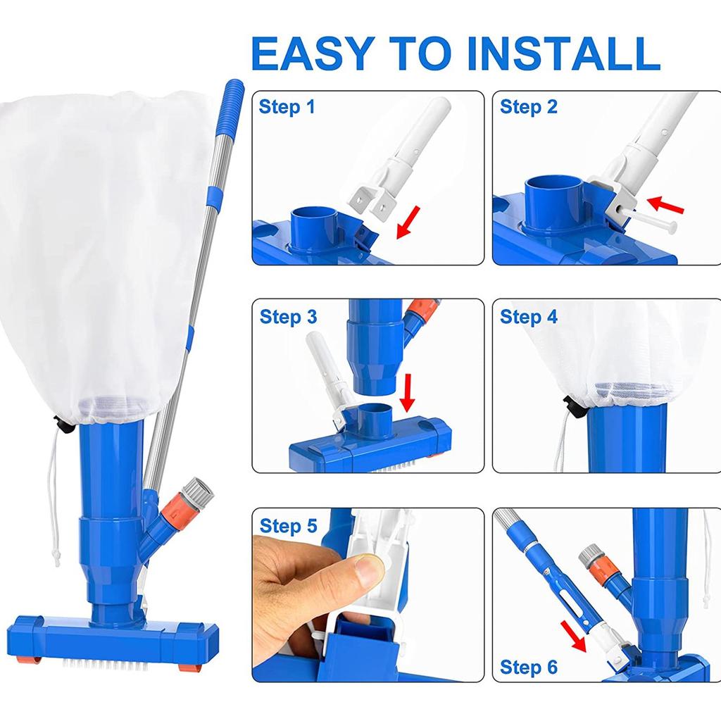 Pool Vacuum Jet Cleaner Kit with Telescopic Pole, Brush Head, and Leaf Bag for Above Ground Pools and Spas