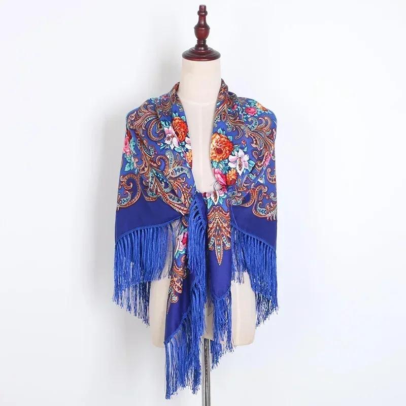 Floral Printed Bohemian Scarf Fringed Shawl Headscarf Russian Babushka Scarves Women National Muslim Head Wrap Square