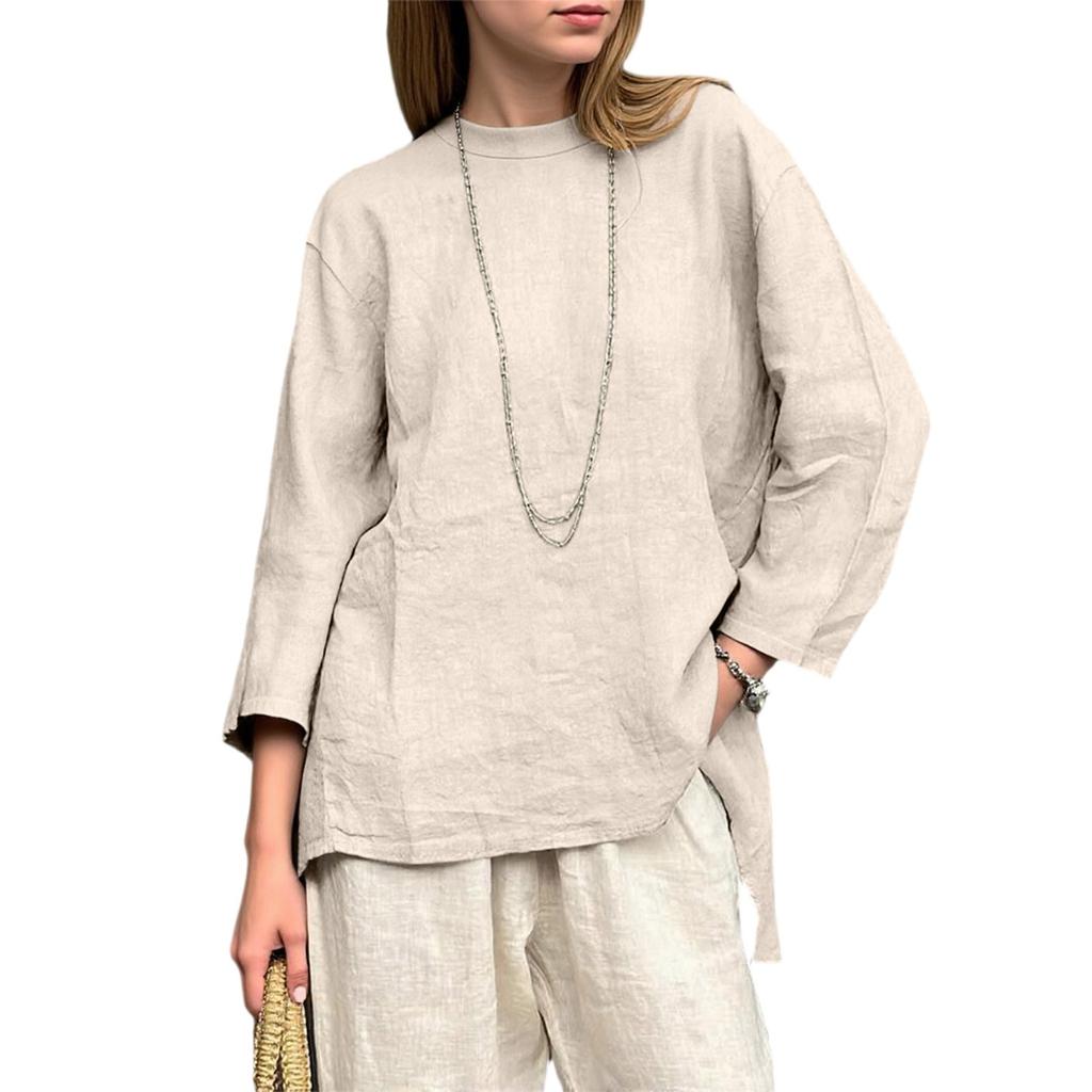 Women's Loose Cotton And Linen Retro Printed Round Neck Long Sleeved Fashionable Top