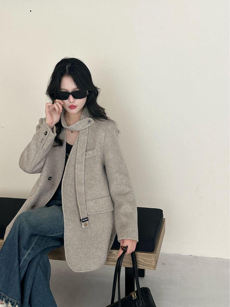 Petite Women's Two-Tone V-Neck Double-Sided Wool Coat for Autumn/Winter