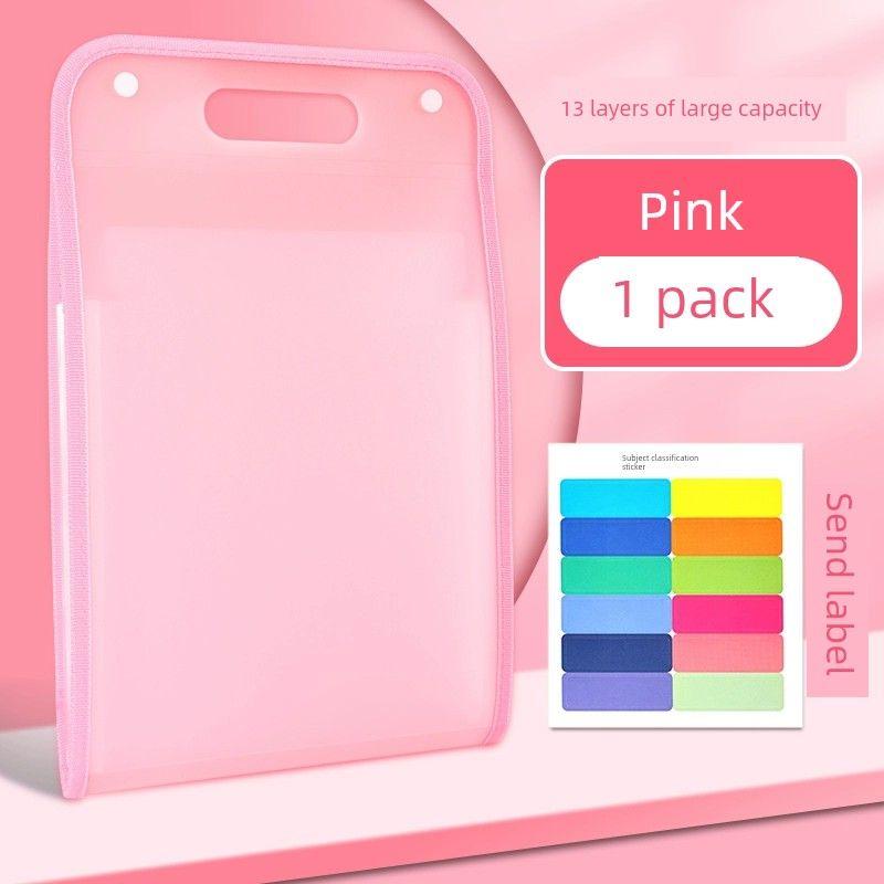 File Holder Paper Organize Fantastic Hand-Carrying Junior High School Student Stationery High School File Bag Subject Classification Test Paper Clip [Pink] 1 Pack/13 Layers Large Capacity