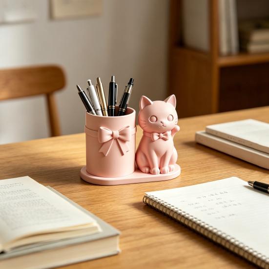 huaqianguhh Cat Pen Holder, Cute Kitty Desk Organizer with Pens, Pencils, Makeup Brushes, 3D Printed Sculpture for Home Office Decor