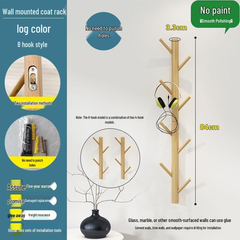 New Solid Wood Punch-Free Wall-Mounted Coat Rack & Clothes Hanger with Creative Behind-the-Door Hooks for Bedroom & Living Room