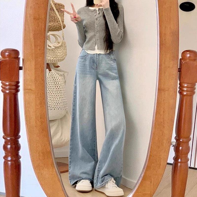 MOJTA Women Spring Autumn Plus Size Casual Jeans Loose Pants Hight Waist Wide Leg Trousers